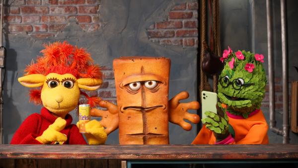 Chili das Schaf, Bernd das Brot und Briegel der Busch am Set vom "Besser mit Bernd" | Rechte: KiKA/bummfilm