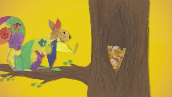 Ein buntes Steckeichhörnchen legt sich einen Vorrat an Nüssen und Eicheln für den Winter an. Die Nahrung sammelt es in einem Spalt in einem Baum.