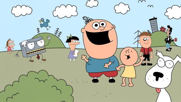 Viele Zeichentrickfiguren stehen auf einer grünen Wiese. Im Vordergrund steht ein Busch und ein Hund. Im Hintergrund befinden sich zwei Hügel.