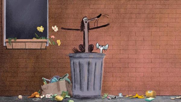 Hund Stinki und Katze Plattikat wohnen in der Mülltonne. | Rechte: SWR/Dandelooo