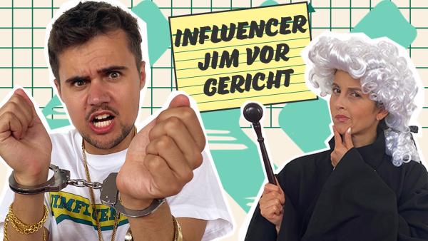 Influncer Jim (TikToker mylifeasjul) mit Handschellen und verzweifeltem Gesichtsausdruck. Rechts Soraya als Richterin mit Richterstab in Hand und ernstem Blick. Zwischen beiden steht auf einem Textfeld Influencer Jim vor Gericht.