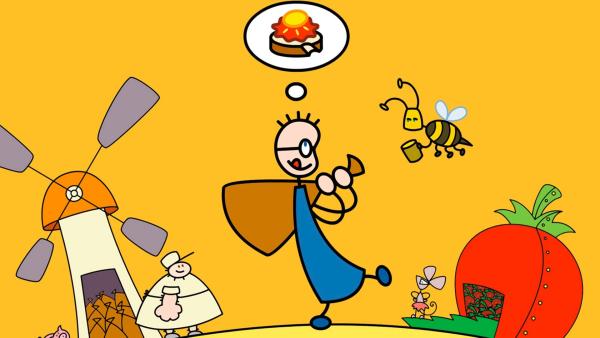In der Mitte Tom mit einem Sack über der Schulter. Sein Blick richtet sich freudig nach oben zu einer Gedankenblase mit einem Erdbeermarmeladebrot mit Honig. Neben ihm eine Biene mit Honigtöpfchen. Links eine Mühle mit Müller. Rechts eine kleine Maus vor ihrem Haus, das die Form einer Frucht hat.