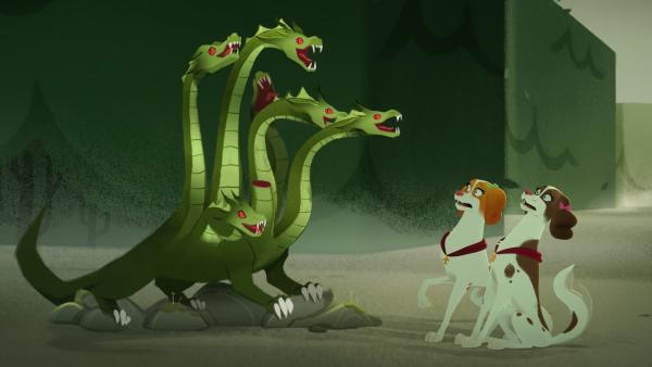 Tane und Pone stehen im Labyrinth einem sechsköpfigen Monster gegenüber und erschrecken sich.